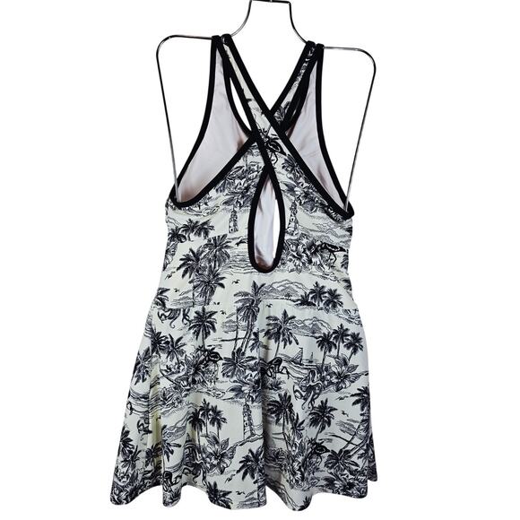 Lands End Black Cream Hawiian Scene Built In Bra One Piece SwimDress Women's 14L - Picture 2 of 4